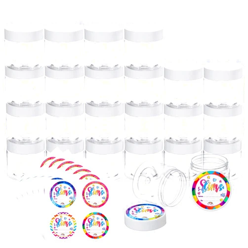Habbi 24 Pack 6oz Slime Containers with Lids Plastic Jars for White Water-Tight Lids and Stickers Mini Storage for DIY Slime Making, Candy, Beads, Art Crafts, Lotion
