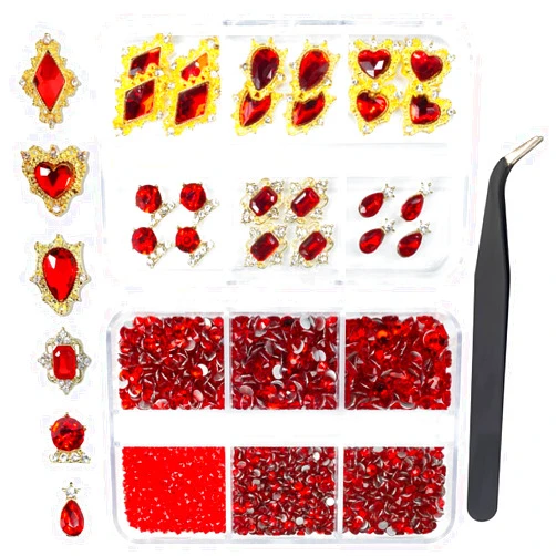 Qiipii 24pcs Red Luxury Nail Charms +2000pcs Ruby Red Rhinestones 3D Big Nail Gems K9 Glass Nail Crystals Diamonds Jewelry Stones Alloy Nail Art Studs Decor Supplies Heart Charms for Arylic Nails Crafts DIY