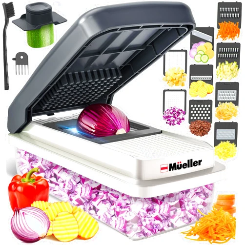 Mueller Vegetable Chopper 9 Blade, Mandoline Slicer, Veggie Chopper, Cheese Grater, Onion Chopper Vegetable Cutter, Dicer, Food Chopper with Container, Kitchen Gadgets & Essentials, White Sand/Grey