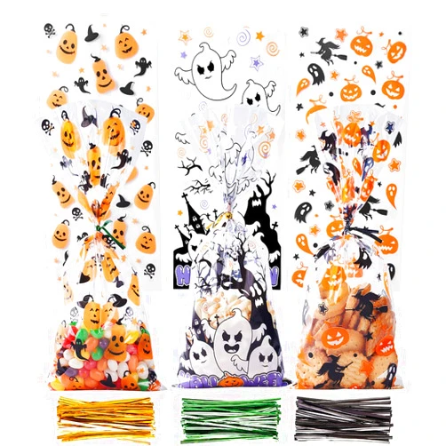CCINEE Halloween Cellophane Treat Bags, 150pcs Halloween Plastic Clear Candy Bags with 300pcs Twists for Snacks Cookies Packing