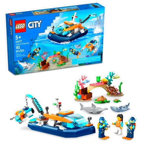 LEGO City Explorer Diving Boat 60377 Ocean Building Toy, Includes a Coral Reef Setting, Mini-Submarine, 3 Minifigures and Manta Ray, Shark, Crab, 2 Fish and 2 Turtle Figures