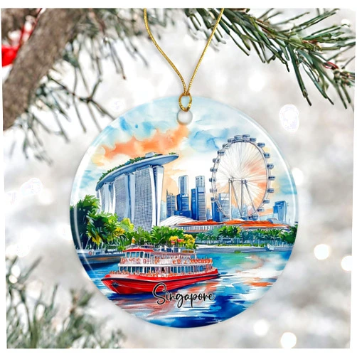 ShelbyShops Singapore Ornament, Singapore Christmas Ornament Watercolor, Gift for Singapore Lover, Keepsake Travel Singapore, Vacation Keepsake Gift, Travel The World Ornament Printed on Both Sides