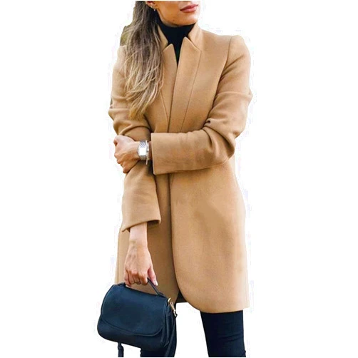 Omoone Women's Basic Stand Collar Slim Fit Jacket Pea Coat Notched Lapel Trench Coat