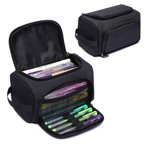 XQXA Large Capacity Pencil Case Organizer, Multifunctional Extra Big Pencil Pouch with Compartmens, Travel Simple Stationery Pen Bag, Fabric Pencil Bag for Men Women Girl Boy (Black)
