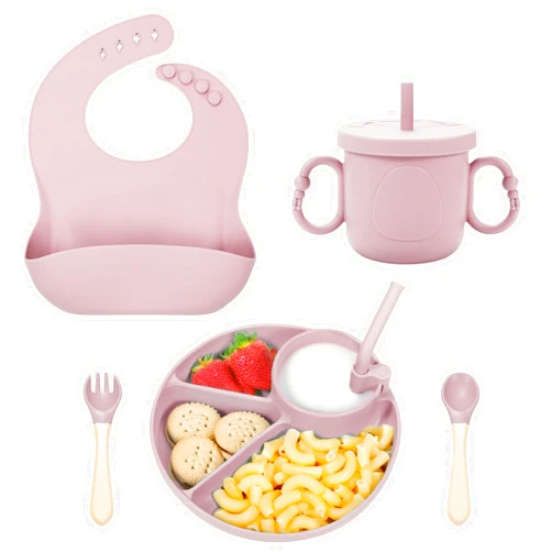 MIICASA Silicone Baby Feeding Set, Baby Led Weaning Supplies, Silicone Suction Plate, Bowl, Spoons, Fork, Waterproof Bib, Cup and Food Tableware, Eating Utensils Baby Feeding Essentials for 3+ Months