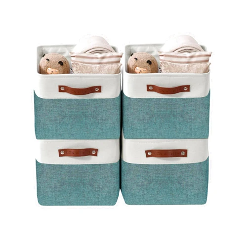 DECOMOMO Storage Bins | Fabric Storage Basket for Shelves for Organizing Closet Shelf Nursery Toy | Decorative Large Linen Closet Organizer Bins with Handles (Teal and White, Large - 4 Pack)
