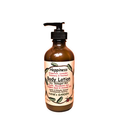 Hank's Garden HAPPINESS Healing Body Lotion Moisturizer for Dry, Damaged Skin - Grapefruit, Lavender, Rosemary & Patchouli Essential Oils - Organic, Vegan, Non GMO, No Palm Oil (8 oz/ 236.6 ml)