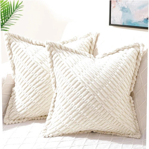 decorUhome Decorative Cream White Throw Pillow Covers 18x18 Set of 2 with Splicing, Boho Soft Corduroy Broadside Twill Pillow Covers for Couch Bed Sofa Living Room