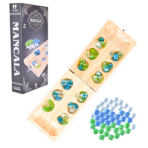 Sunny Days Entertainment Elbow Room Games Mancala Set, Folding Wooden Board with 48 Glass Stones in Blue, Green, and White, Portable Travel Design, Classic Strategy Game for 2 Players