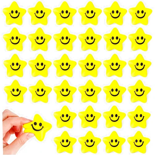 MCPINKY 32PCS Star Stress Balls, 2inch Smile Face Stress Ball Fidget Sensory Toys for Kids Adults Classroom Prizes Anxiety Relief