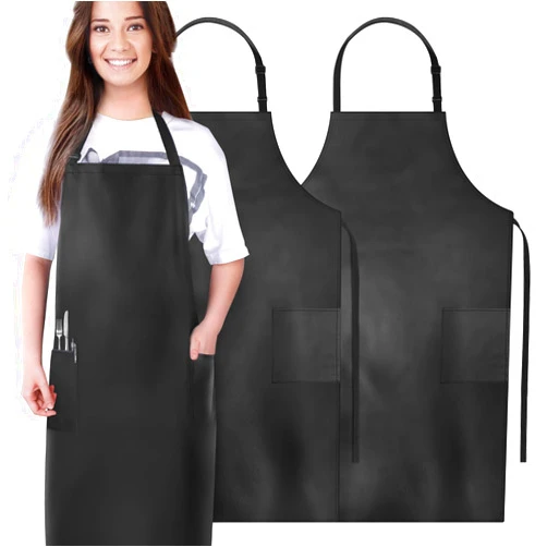 Gotega 2 Pack Aprons for Men Women with Large Pockets, Waterproof Rubber Vinyl Apron 40 Inch Heavy Duty Chef Apron Black Adjustable Work Apron for Dishwashing Kitchen Cooking Drawing