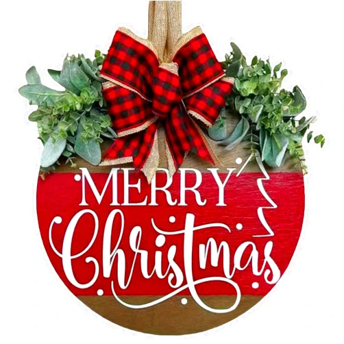 VQRZG Merry Christmas Hanging Sign for Front Door, Wooden Welcome Wreath with Bow for Holiday Rustic Farmhouse Outdoor Wall Window Decor (Merry Christmas Wreath)