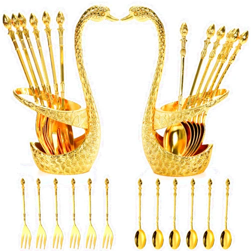 Pumtus 14 Pack Swan Base Holder with Coffee Spoon Forks, Gold Creative Dessert Flatware Set, Decorative Party Golden Serving Teaspoons for Stirring, Mixing, Sugar, Ice Cream, Fruit, 6 Spoons, 6 Forks