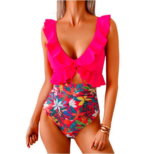 Eomenie One Piece Swimsuit for Women Tummy Control Ruffle Bathing Suit V Neck Ruched Swim Suit Slimming Cutout Swimwear