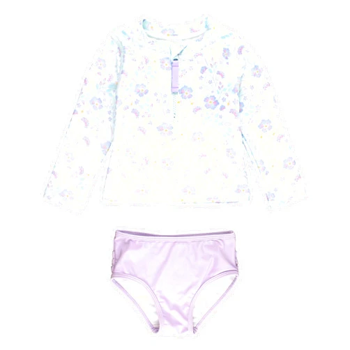RuffleButts® Baby/Toddler Girls Long Sleeve Rash Guard 2 Piece Swimsuit Set w/UPF 50+ Sun Protection with Zipper