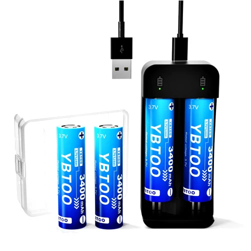 YBTOO Universal 18650 Rechargeable Flat Top Battery Charger Set, 4 Pack 3400 mAh 3.7Volt Rechargeable Batteries for LED Flashlight Headlamp, Remote Controls,etc.