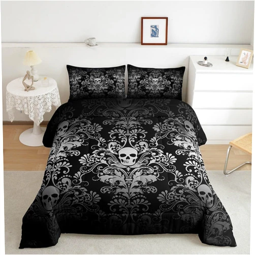 Erosebridal Adults Gray Damask Bedding Set Antique Victorian Baroque Comforter Set Full Size,Gothic Vintage Floral Quilt Exotic Sugar Skull Duvet Insert,Gothic Bone Skeleton Bohemian Decor,Black