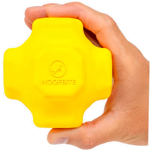 WoofBite Indestructible Jumping Jack Ball - Lifetime Replacement - Aggressive Chewers, Medium Large Breed - Non-Toxic Natural Rubber Dog Toys - Bouncing, Interactive Chew Fetch Toy - Yellow - 4.5”