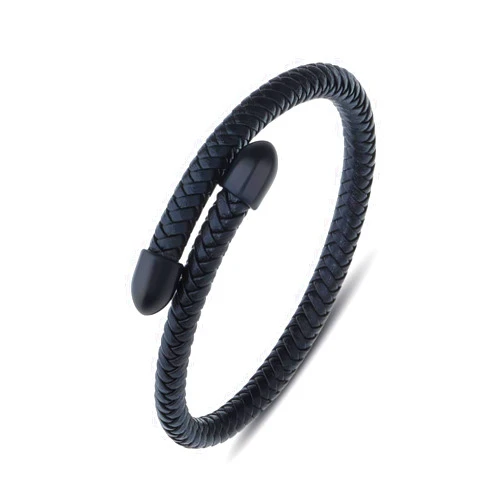 QGoliver Cuff Bangle Bracelet for Women, Stainless Steel Simple Wristband Cowhide Braided Leather Bracelets for Men Black