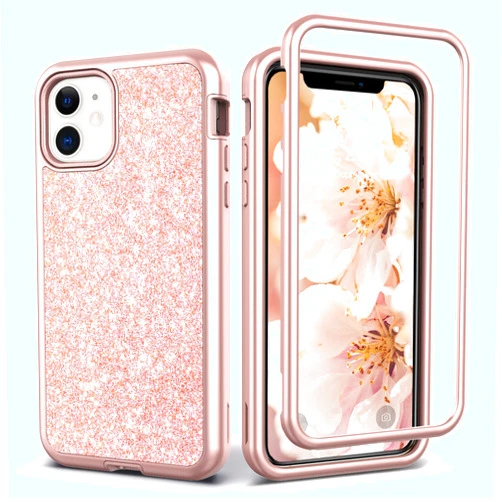 Coolwee Glitter Full Protective Case for iPhone 11 Heavy Duty Hybrid 3 in 1 Rugged Shockproof Women Girls Rose Gold for iPhone 11 6.1 inch Shiny Bling