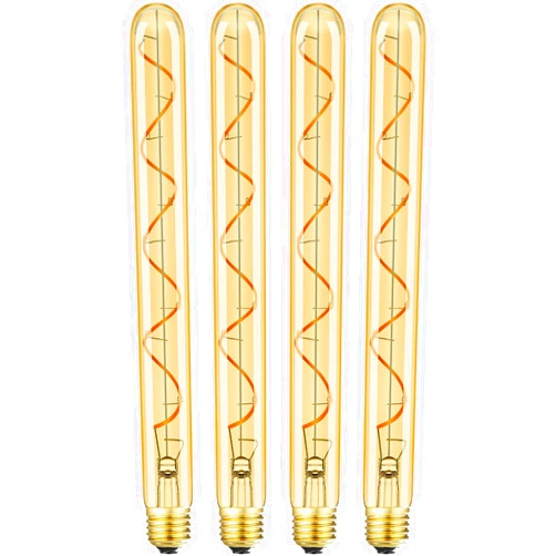 Leools Vintage LED Spiral Filament Bulb T10,11.8inch Long Tubular Dimmable Edison Light Bulbs,E26 Medium Base,Amber Glass,Warm White,2200K,400LM(40W Equivalent),T30 Led Tube Bulb,Pack of 4.