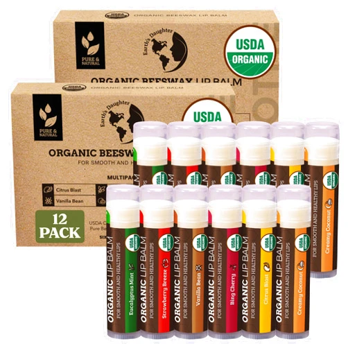 Earth's Daughter USDA Organic Lip Balm 12-Pack (2x 6-Packs) - Fruit Flavors, Beeswax, Coconut Oil, Vitamin E - Best Lip Repair Chapstick for Dry Cracked Lips - Moisturizing Lip Care