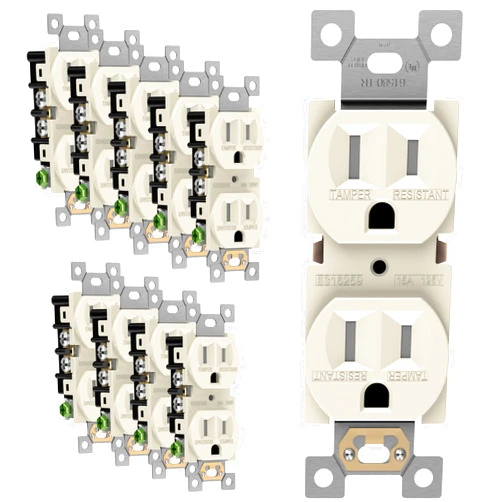 ENERLITES Duplex Receptacle Outlet, Tamper-Resistant, Residential Grade, 3-Wire, Self-Grounding, 2-Pole,15A 125V, UL Listed, 61580-TR-LA-10PCS, Light Almond (10 Pack)