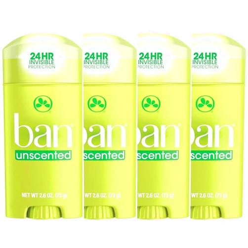 Ban Invisible Solid Antiperspirant Deodorant for Women and Men, 24-Hour Underarm Odor & Sweat Protection, Unscented, 2.6 Oz, Pack of 4