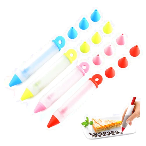 HOMUT 4Pcs Silicone Food Writing Pen Cake Decorating Tool, Chocolate Cake Decoration Tool with 4 Heads Cookie Icing Piping Pastry Nozzles For Bakery Kitchen 4 Colors AA0085