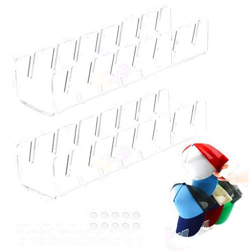 KHOCOEE 2Pcs Hat Organizer, Acrylic Hat Organizer for Baseball Caps with 12 Pcs Non Slip Pads 50 Pcs Double Sided Sticky Dots for 14 Caps (Clear)