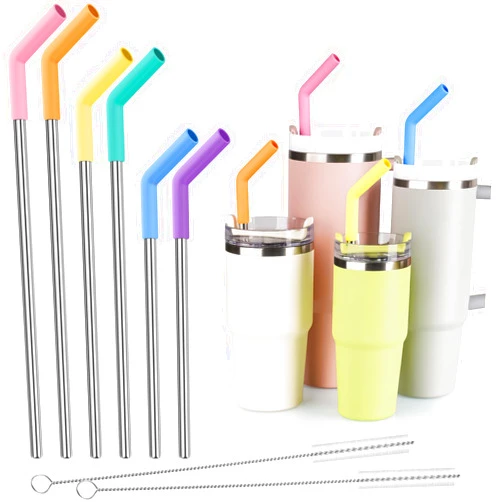 Tomorotec 6-Pack Stainless Steel Reusable Straw with Silicone Tip 3 Sizes, Metal Drinking Straws Fit for Stanley Quencher Tumblers 40oz, 30oz, 20oz, 14oz, Cleaning Brushes Included (Rainbow)