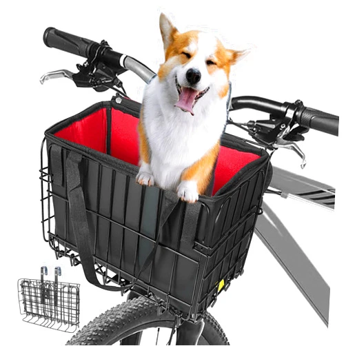Butifooy Bike Basket, Butifooy Folding Front Bicycle Basket, Detachable Adjustable Height Iron Handlebar Basket with Removable Liner Bag, Waterproof for Carrying Dogs, Pets, Fruit & Grocery
