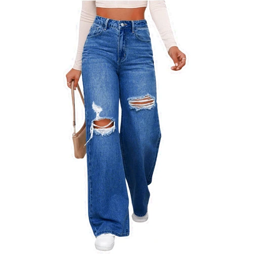 WDIRARA Women's High Waist Ripped Wide Leg Baggy Jeans Distressed Denim Pants
