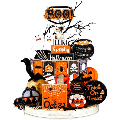 Thyle 15 Pcs Halloween Tiered Tray Decor Set Cute Halloween Wooden Signs Black and Orange Tray Signs Happy Halloween Wooden Signs Ghost Wooden Block Halloween Decor for Home