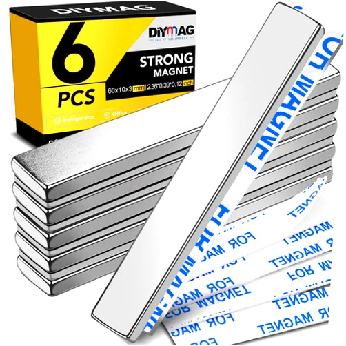DIYMAG Strong Neodymium Bar Magnets with Double-Sided Adhesive, Rare-Earth Metal Neodymium Magnet - 60 x 10 x 3 mm, Pack of 6