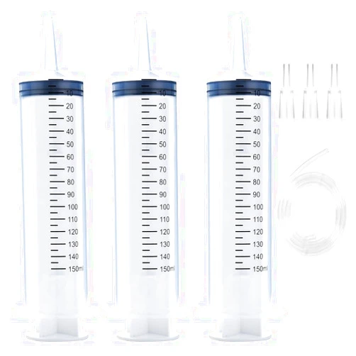 A AKRAF 3 Pack 150ml Syringes with 55.1-Inch Tubes, Large Plastic Syringe for Scientific Labs Experiments, Nutrient Measuring, Watering, Refilling