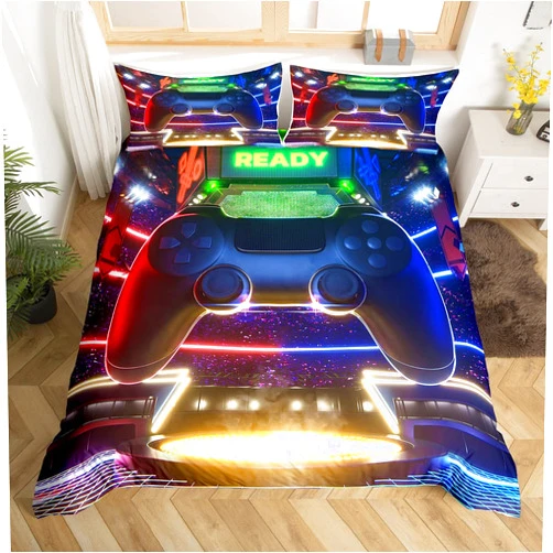 Erosebridal Gamepad Bedding Set Full Size, Gaming Duvet Cover for Boys, Gamer Comforter Cover for Bedroom, Video Game Bedspread Cover, Kids Game Decor with 2 Pillow Cases, Blue Black