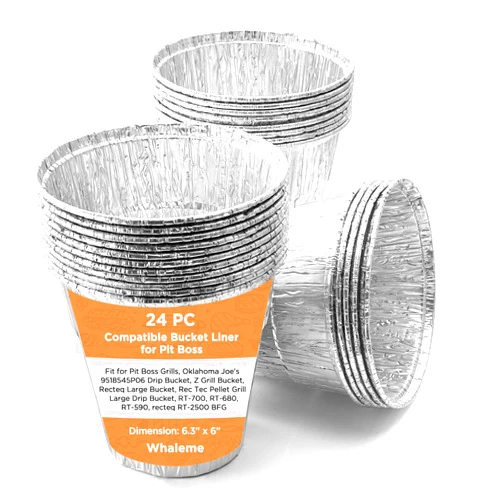 Whaleme 24 Pack Grease Bucket Liners & Drip Grease Bucket for Pit Boss Grills 67292 Foil, Oklahoma Joe's 9518545P06, Ironwood, Flatrock, Recteq Large Bucket etc. 6.3 x 6.0”, Disposable Drip Bucket Cup