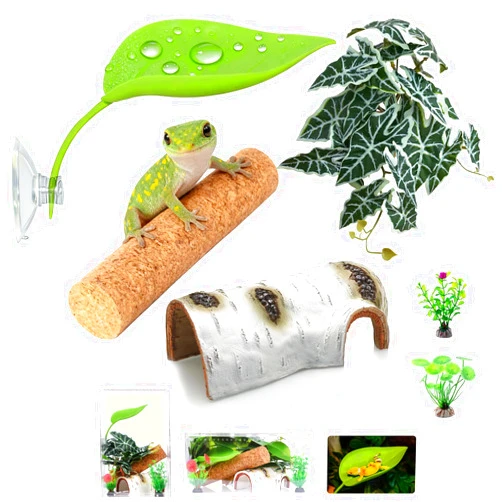 Sanilinwild Crested Gecko Tank Accessories, Reptile Decor,Reptile Hanging Plants Vines with Coconut Shell Ladder Hideout Hermit Crab Decor for Lizard, Chameleon Cage, Snakes, Hermit Crab, Leopard Gecko (Decor-1)