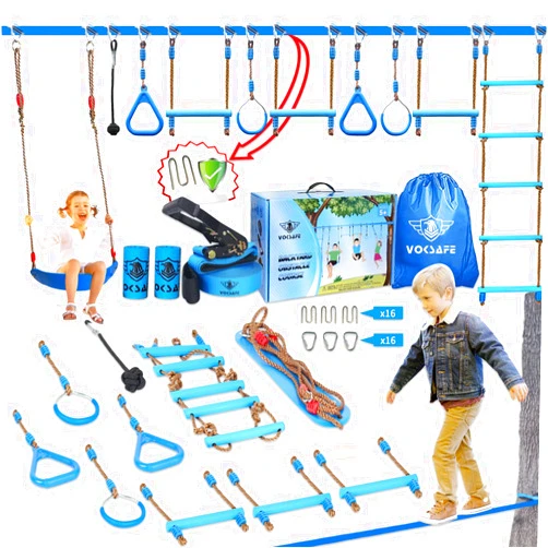 VOKSAFE Ninja Warrior Obstacle Course for Kids - Ninja Backyard Obstacle Course - 50' Weatherproof Outdoor Ninja Course Set with 10 Obstacles, Like Ladder, Swing