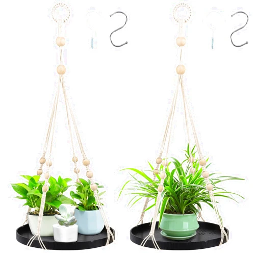 SUREAM 2 Packs Indoor Outdoor Hanging Plant Holder, Plant Holder Shelf with Large Tray, Plant Hanging Basket for Indoor Outdoor Plants, Window Wall Ceiling Home Decor (No Plant/Pot Included)