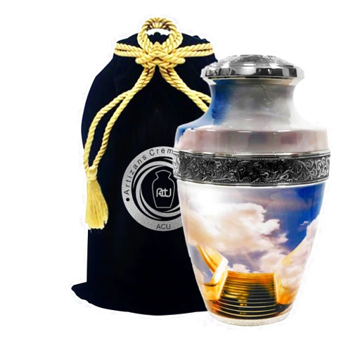 Artizans Cremation Urns-Brass Cremation Urn for Adult Ashes-Golden Stairway to Heaven(Silver, Large)