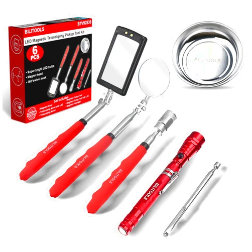 BILITOOLS Premium 6 Piece Extendable Magnetic Pickup Tool set, Telescoping Mechanic tool set with Magnetic Rods, Flashlight, Inspection Mirrors & Magnet Tray. Gift for men dad husband &brother.