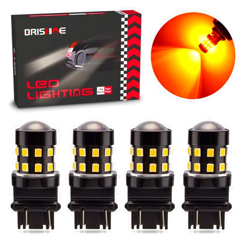 BRISHINE 4-Pack Super Bright 3157 3156 3057 4057 4157 LED Bulbs Amber Yellow 9-30V Non-Polarity 24-SMD LED Chipsets with Projector for Turn Signal Lights, Side Marker Lights