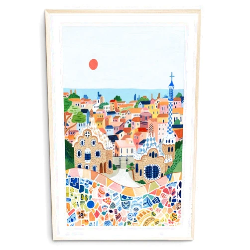 Nationcog Barcelona Travel Print, Park Guell, Travel Gift, Barcelona Poster, Europe Print, Spain Art Print, Travel Art Print, Housewarming Gift (Unframed) (9x11)