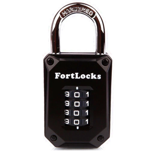 FortLocks Gym Locker Lock - 4 Digit, Heavy Duty, Hardened Stainless Steel, Weatherproof and Outdoor Combination Padlock - Easy to Read Numbers - Resettable and Cut Proof Combo Code - 1 Pack Black