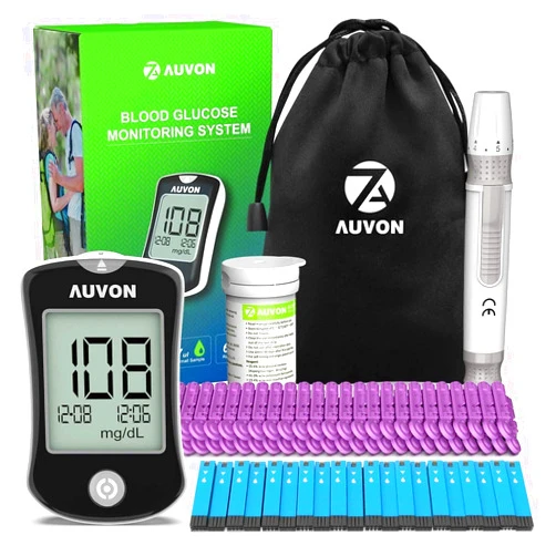 AUVON Blood Glucose Monitor Kit, High Accuracy Blood Sugar Test Kit with 50 Glucometer Strips, 50 30G Lancets, 1 Lancing Devices, DS-W Diabetes Testing Kit, No Coding Required, Travel Size
