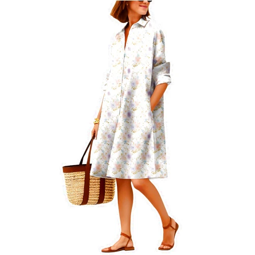 DMOYALA Midi Shirt Dress for Women Spring Trendy Long Sleeve Floral Dress Baggy Tunic Sundress Cruise Outfits with Pockets