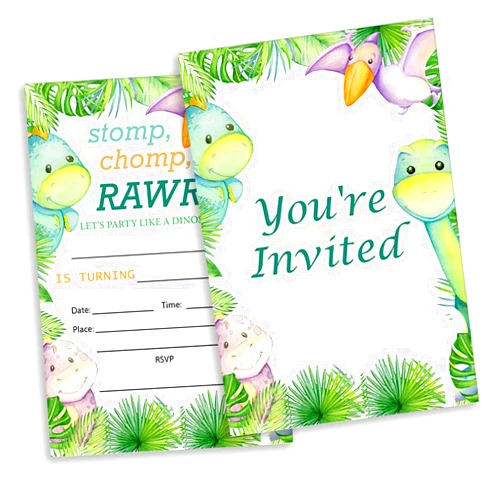 Gaicaak 20 Pack Dinosaur Birthday Party Invitations with Envelopes Stomp Chomp Rawr Theme Fill in Invites Card for Kids Birthday Party Supplies
