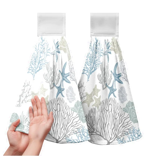 Kwlegh Nautical Blue Coral Hanging Hand Towels Set of 2 Coastal Seashell Starfish Kitchen Towels with Hanging Loop Ocean Beach Theme Bath Towels Soft Absorbent Fingertip Dish Tie Towel for Bathroom